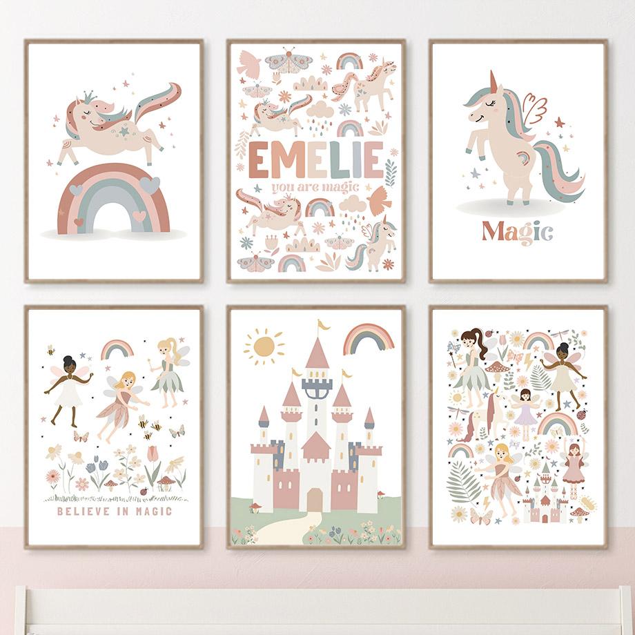 Cute Girl Unicorn Castle Sun Rainbow Flowers Wall Art Canvas Painting Nursery Posters And Prints Pictures Baby Kids Room Decor