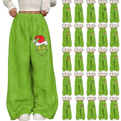 Women's Casual Christmas Print Elastic Waist Loose Fit With Plush Wide Leg Pants