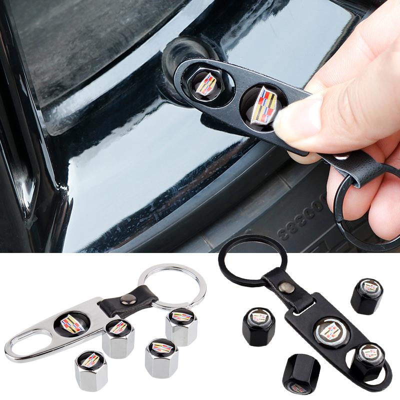 4pcs Car Wheel Valve Stems Caps with Keychain for Cadillac Escalade CTS CT5 XT5 XTS XLR BLS SLS STS SRX Deville Auto Accessories