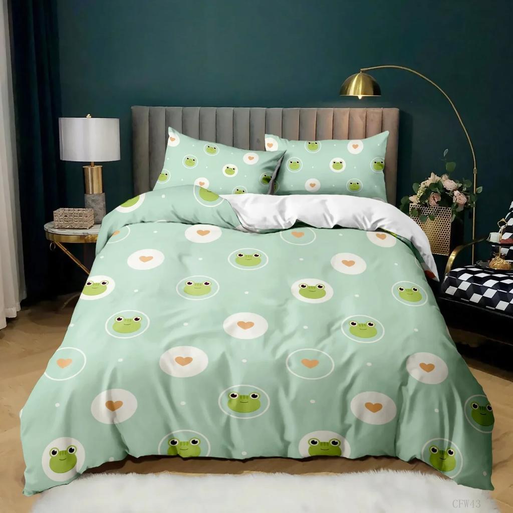 Cartoon Frog Duvet Cover Collection Light Green Cartoon Frogs Cute Dragonfly Animal Bedding Collection For Kid Twin Size Polyester Quilt Cover