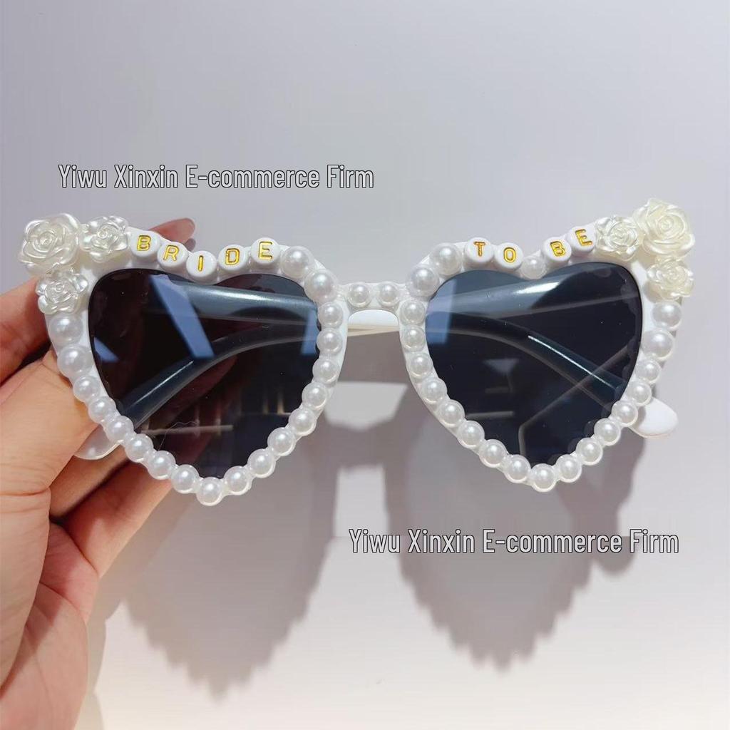 Crystal Heart Bride Sunglasses with Rhinestones & Pearls - Women's Bachelorette Party Accessory