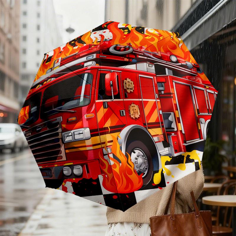 1pc Firetruck Flames Pattern Umbrella Design Automatic Opening and Closing Umbrella, High-quality Travel Umbrella, c1128234