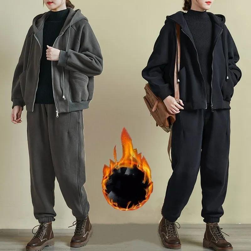 Autumn and Winter Plus Velvet Thickened Large Size Literary Casual Suit Women's Loose and Thin Sports Suit Two-piece Suit