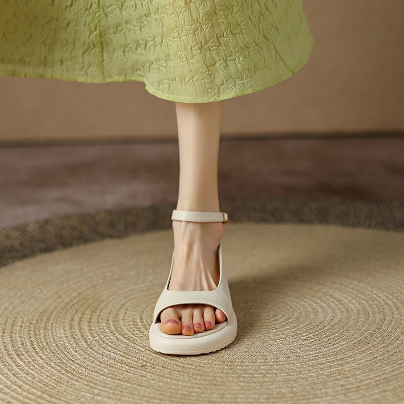 Krazing Pot Microfibră Peep Toe Tocuri joase Vară Platformă Plată Glezna Cataramă Femei Sandale de agrement