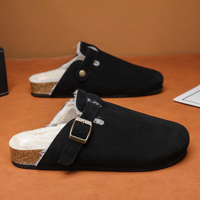 Мужские Женские Замшевые Сабо на Искусственном Меху с Пряжкой и Пробковой Подошвой Теплые Тапочки 36