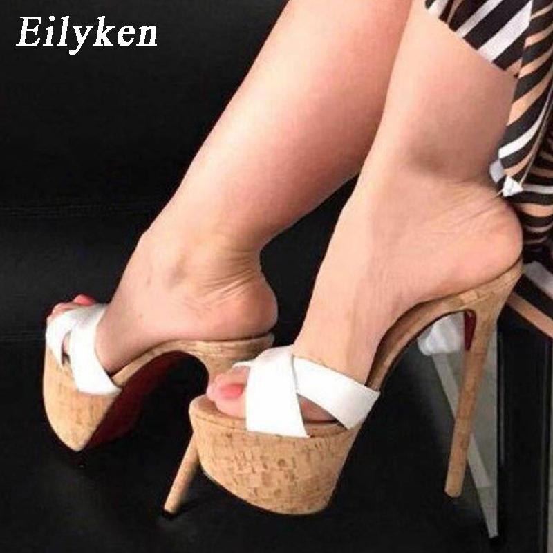 Fashion Eilyken Sexy Super High Heels Slippers Sandals Women PU Leather Party Shoes Fashion Platform Peep Toe Slip On Mules