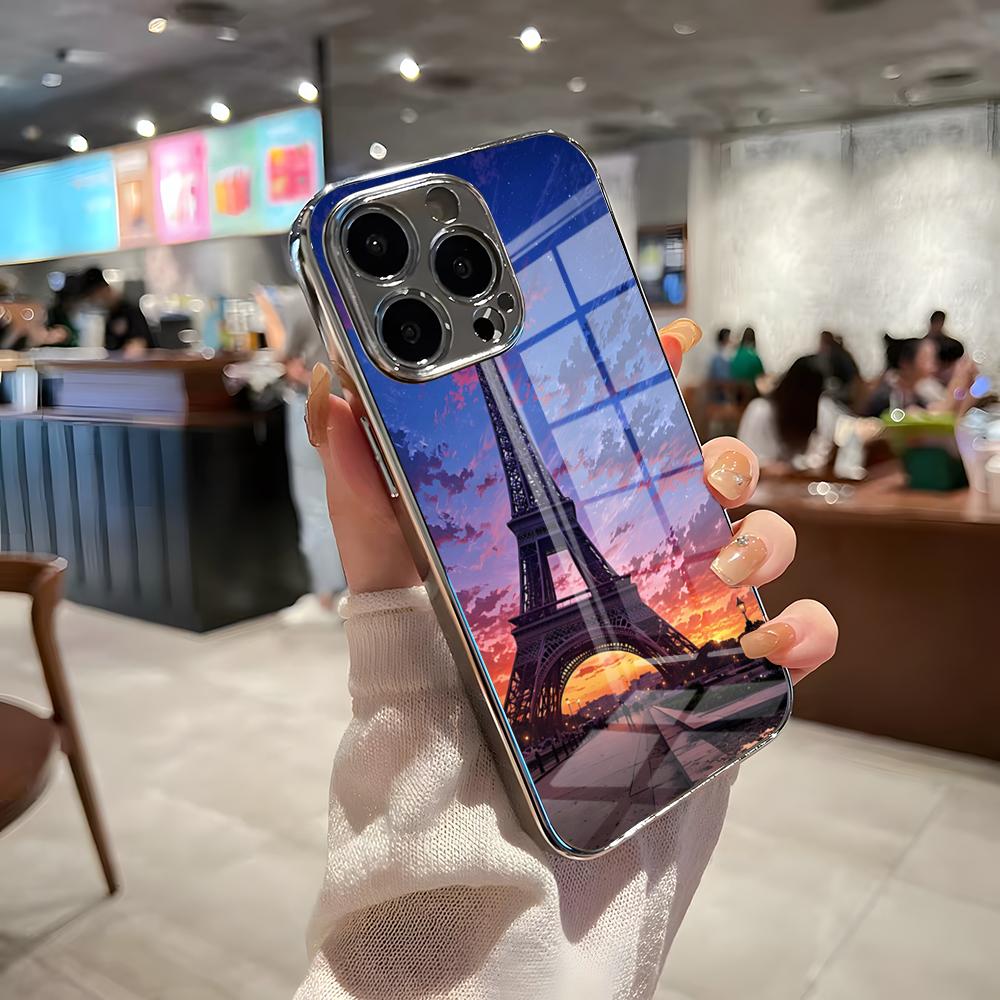 Eiffel Tower Phone Case For IPhone 17 Pro Max 15 Pro 16 14 Plus 12 13 Mini 11 Pro Shockproof Electroplated Glass Cover