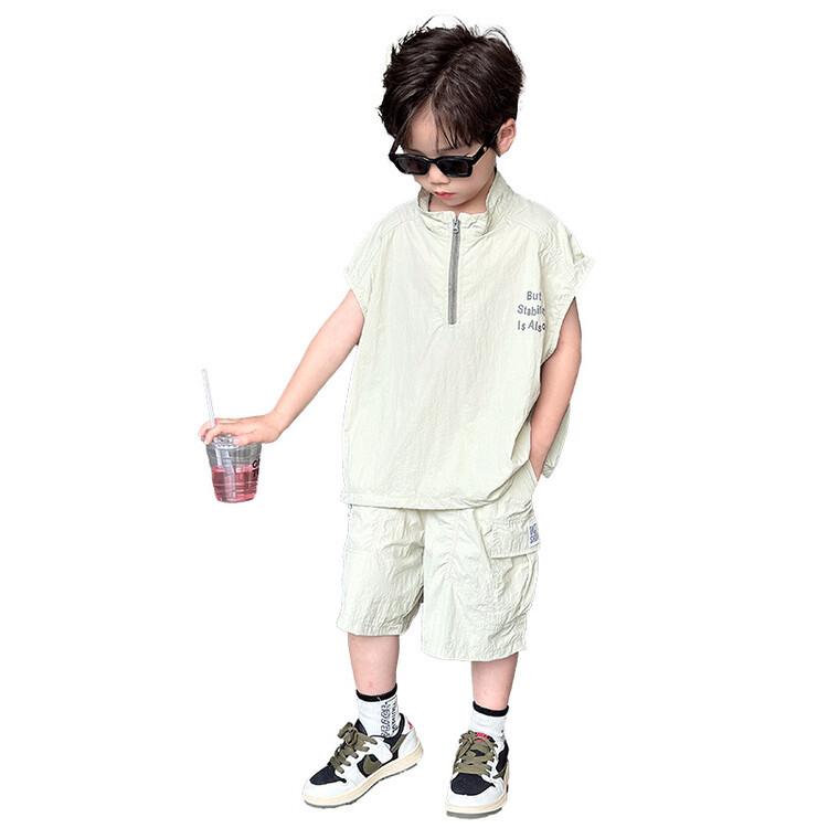 Boys' 2026 Summer Quick-Dry Sleeveless Zipper Two-Piece Set with Letter Print Shorts