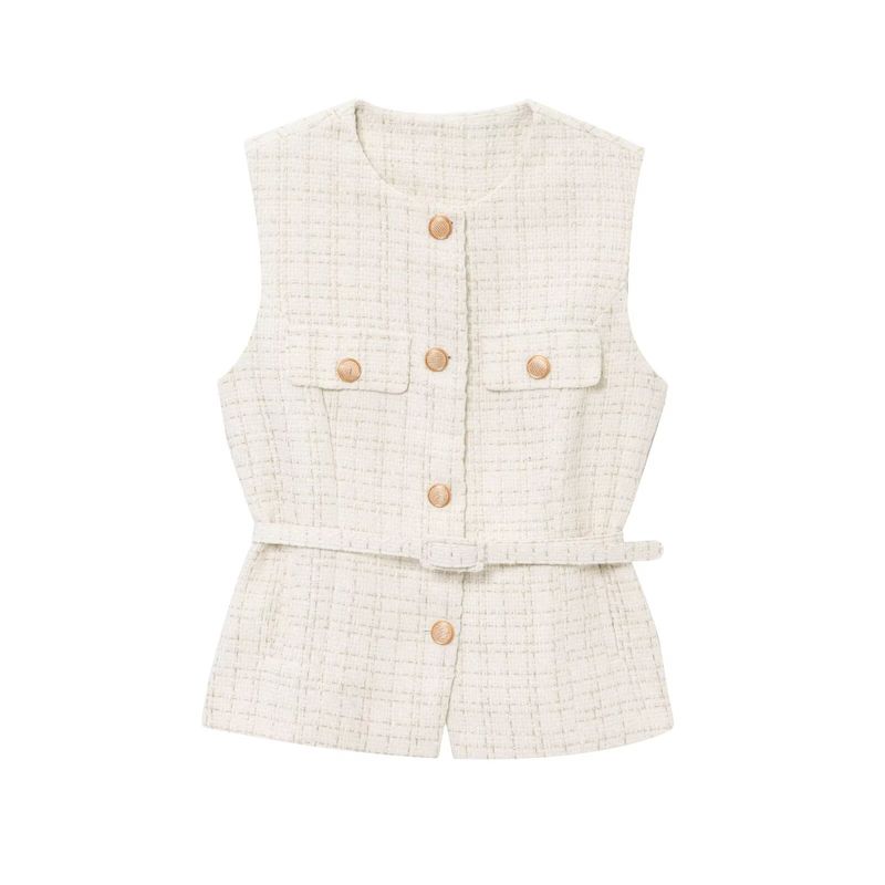 Spring and Summer New Women's Clothing Single-Breasted Flip round Neck Sleeveless with Belt Texture Vest 2132091