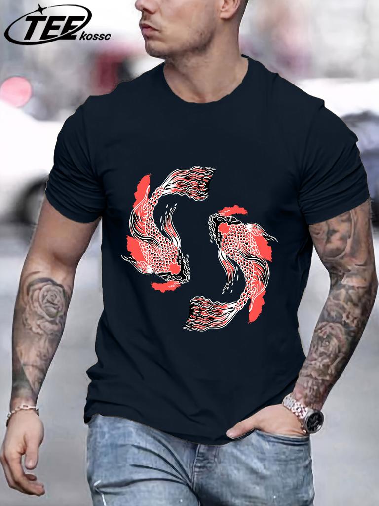 Japanese Harajuku Soaring Koi Print T Shirt Men Summer Casual Short Sleeve ONeck Loose TShirt Cotton Unisex Fashion Clothing