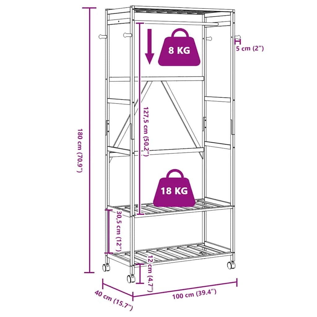 Clothing Rack with Shelves and Casters 90 X 40 X 179.5 Cm Bamboo