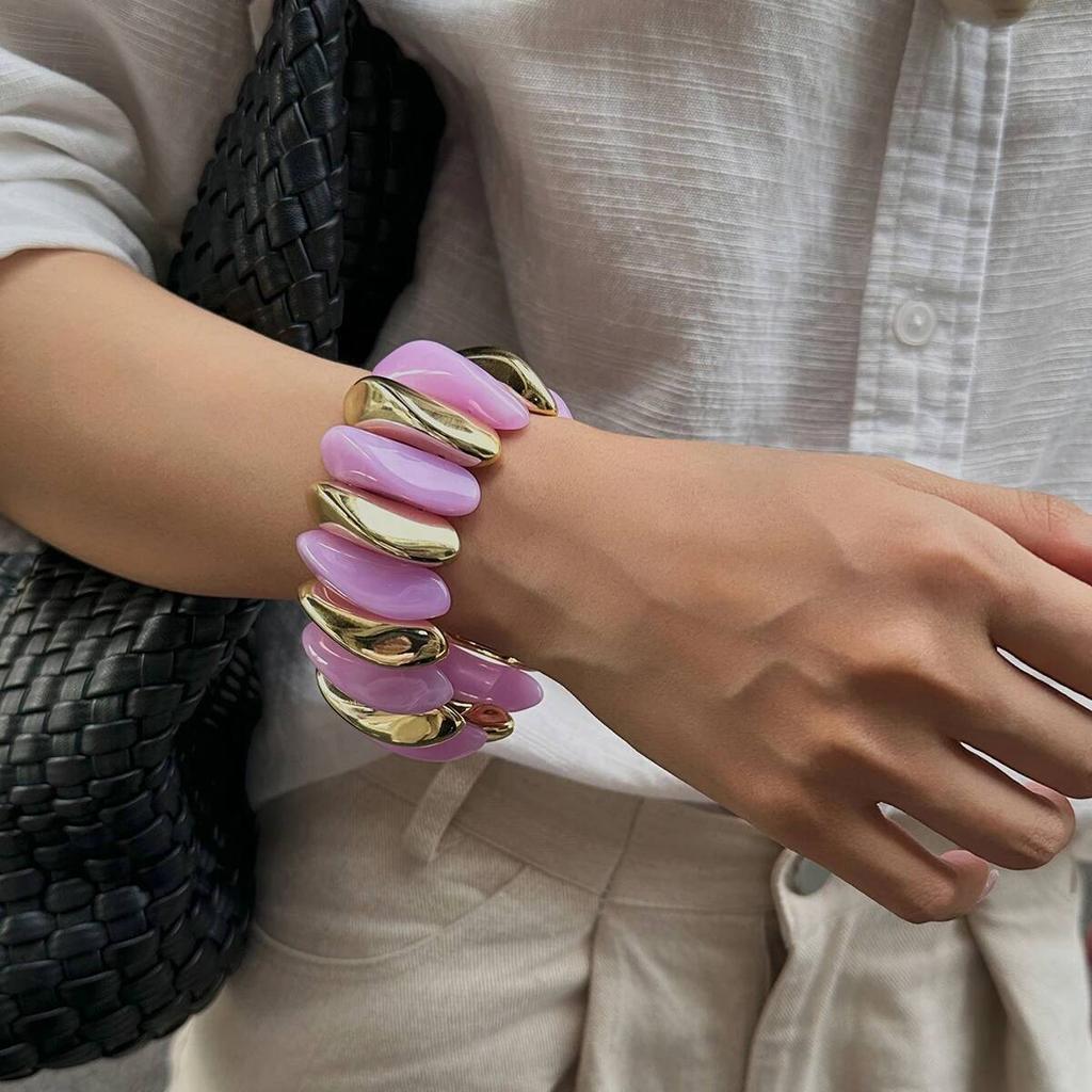 Salircon 10 Colors Vintage Thick Resin Acrylic Irregular Bangles for Women Geometric Wide Chunky Elastic Bracelets Hand Jewelry