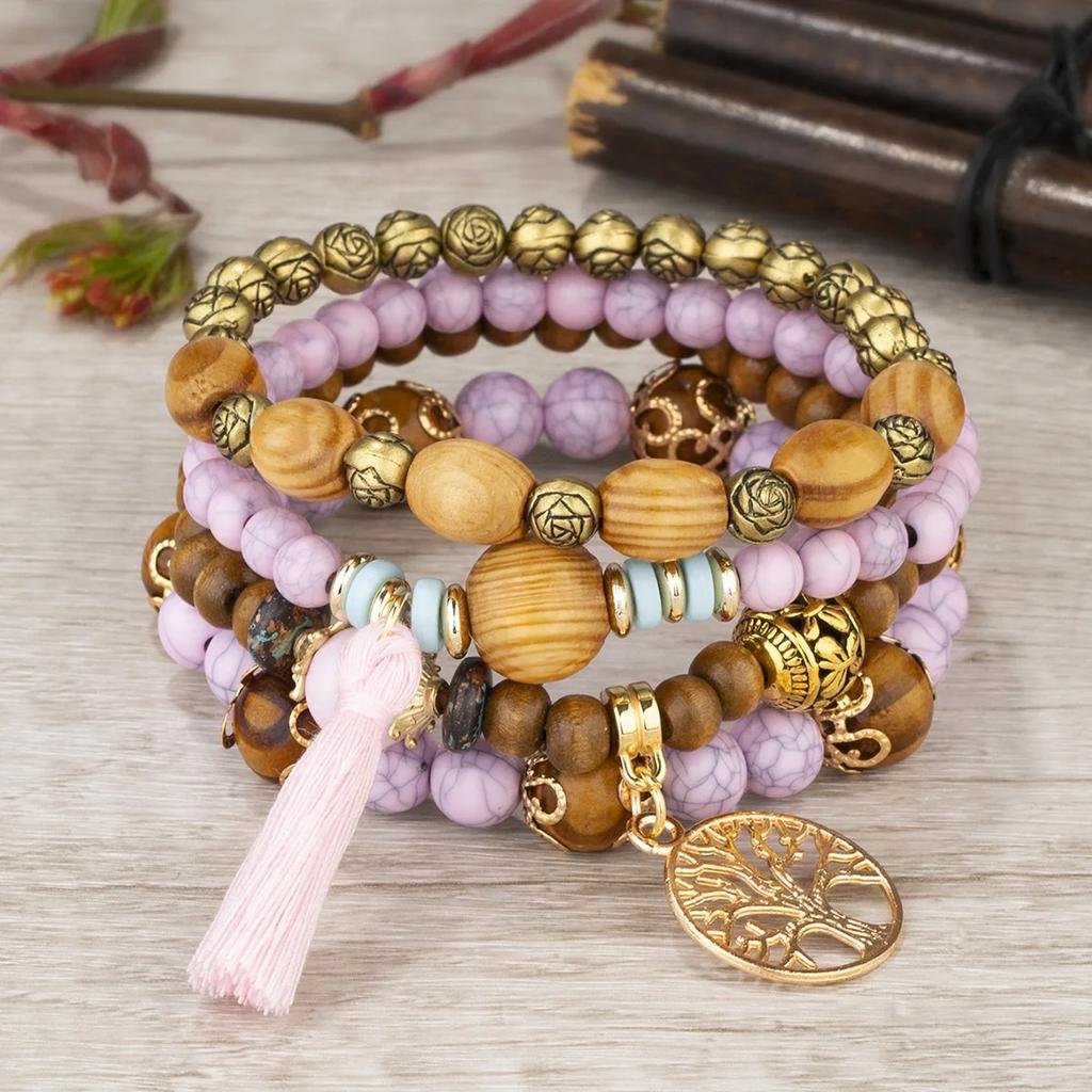 4ks/sada Boho dřevěný korálkový náramek sada pro ženy Tree Of Life Bílé střapce Charm Pružný řetízek Náramek Lady Bohemia Jewelry