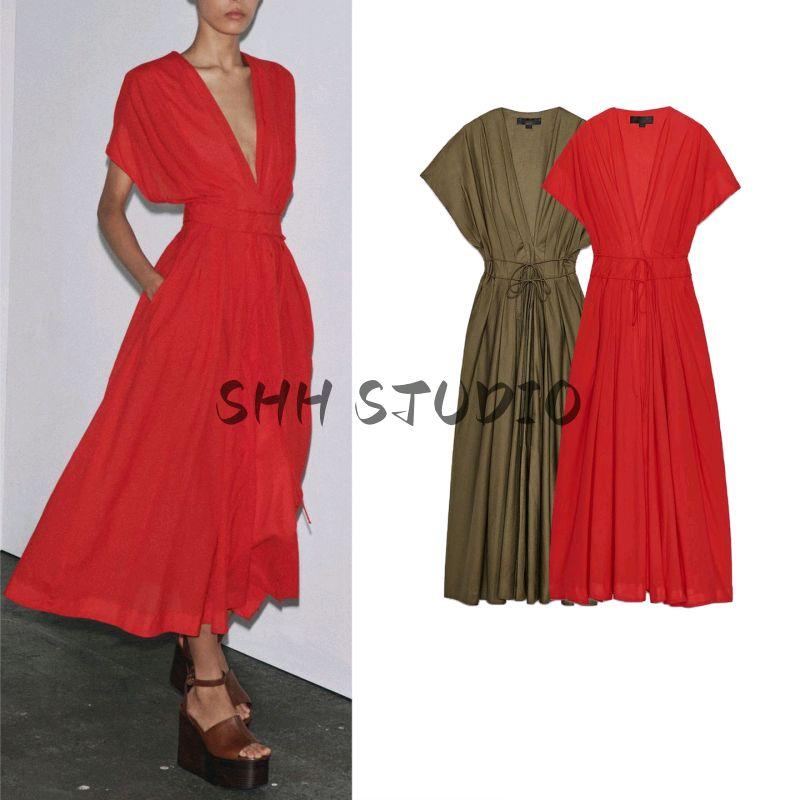 Summer Women's Cotton V Neck Drop Shoulder Short Sleeve Pleated Design Midi Skirt Dress 2965260 2965278