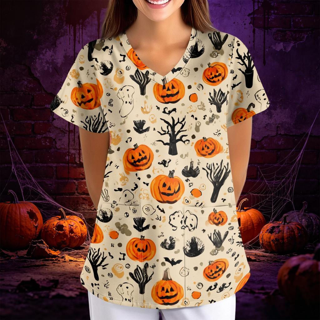 Women Halloween Print Loose Fit V Neck Short Sleeve Scrub Top with Pockets for Healthcare Professionals Comfortable Workwear