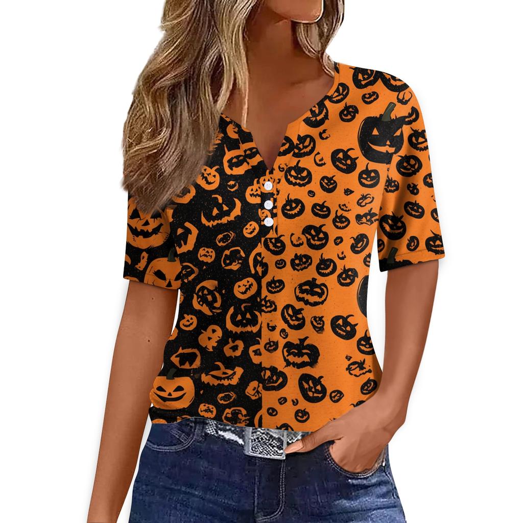 Womens Casual Halloween Print V Neck Short Sleeve Button Decor T Shirt Top Lightweight Comfortable Fit