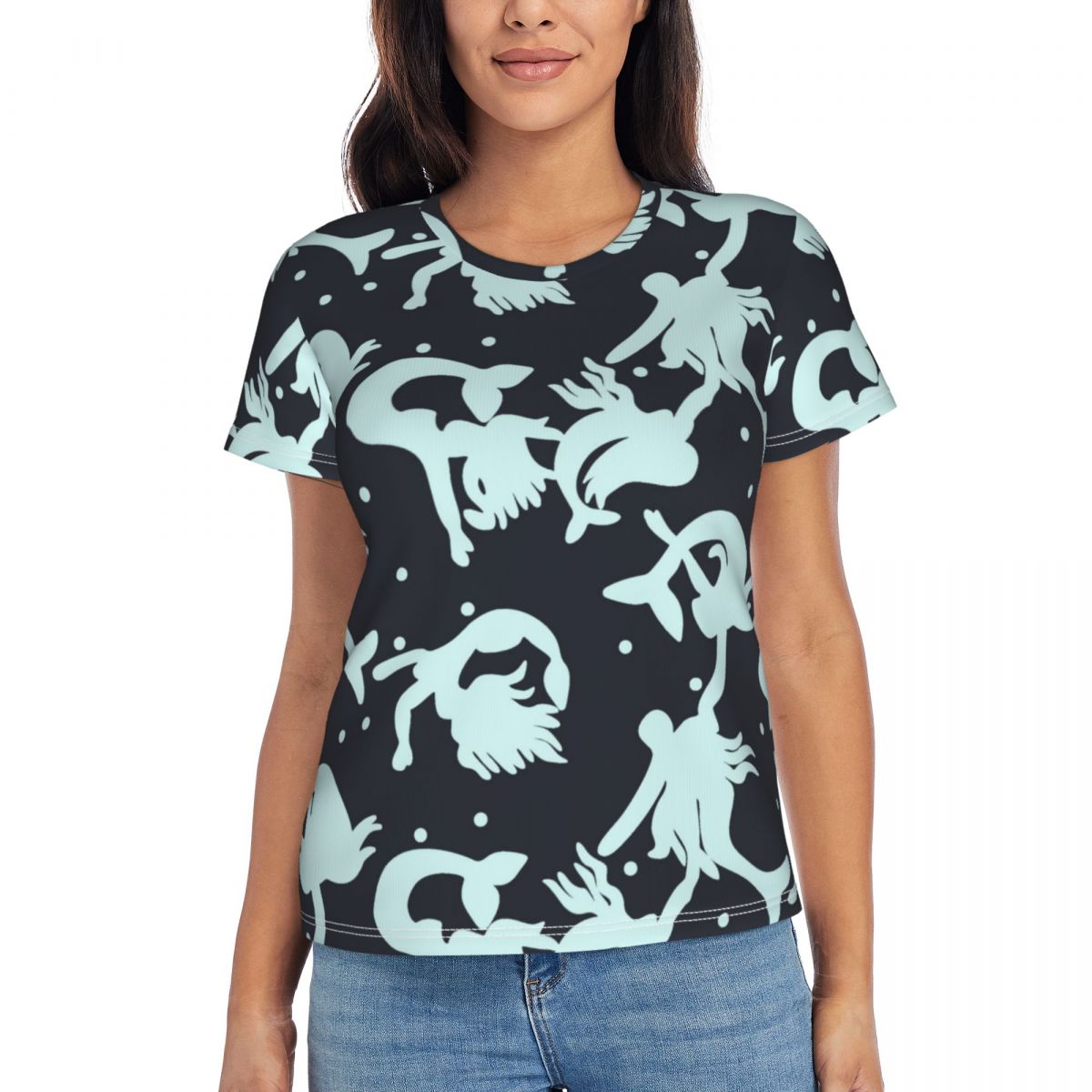 

Футболки с изображением чешуи русалки, бирюзовый, синий, с анималистичным принтом, с круглым вырезом, в уличном стиле, свободная футболка, женская, Y2K, милая футболка, летние футболки XL