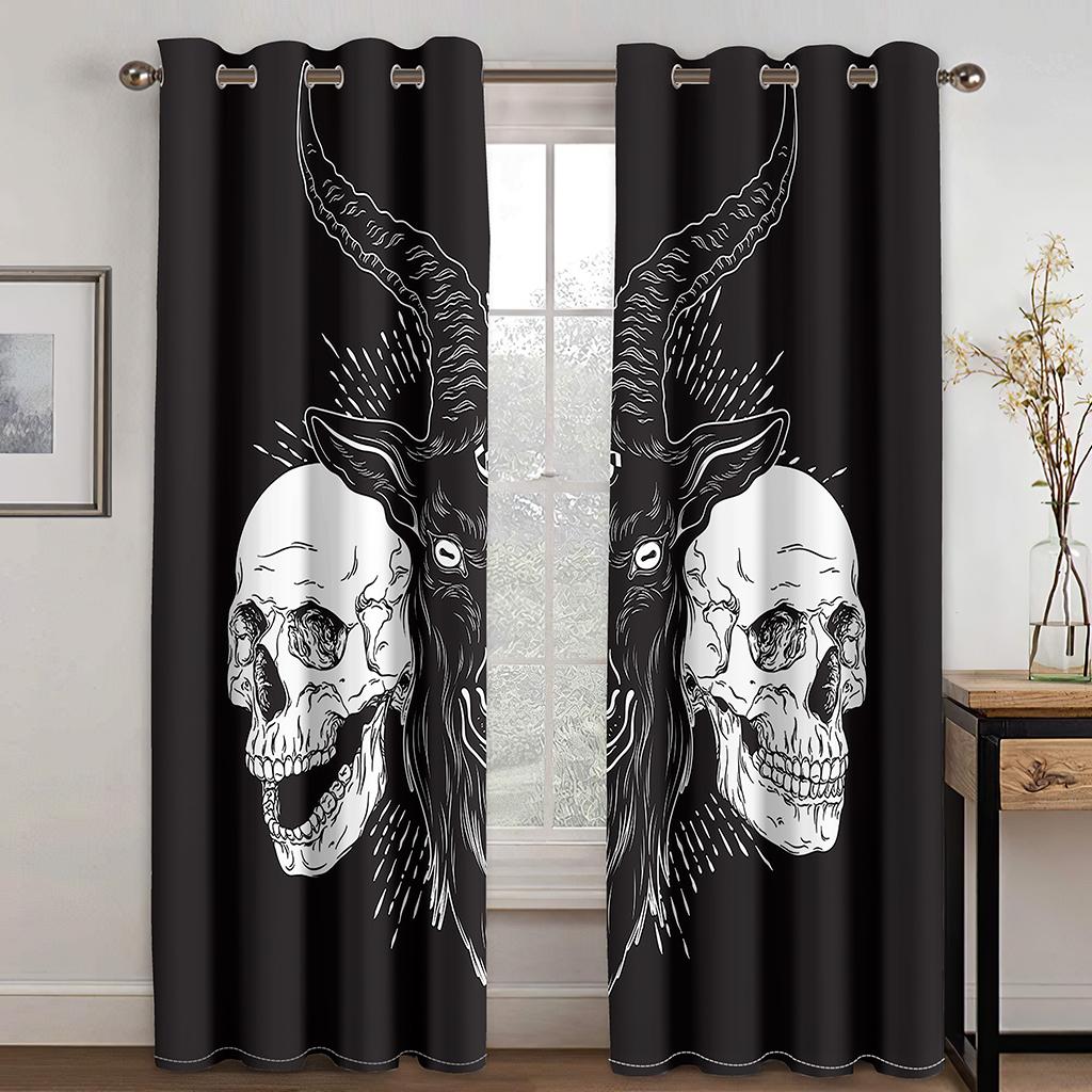 2023 Hot Selling Cool Weird Skull Series Luxury Living Room Bedroom Home Decoration Sunshade Curtain 2 Pieces of Hook Punch Hole
