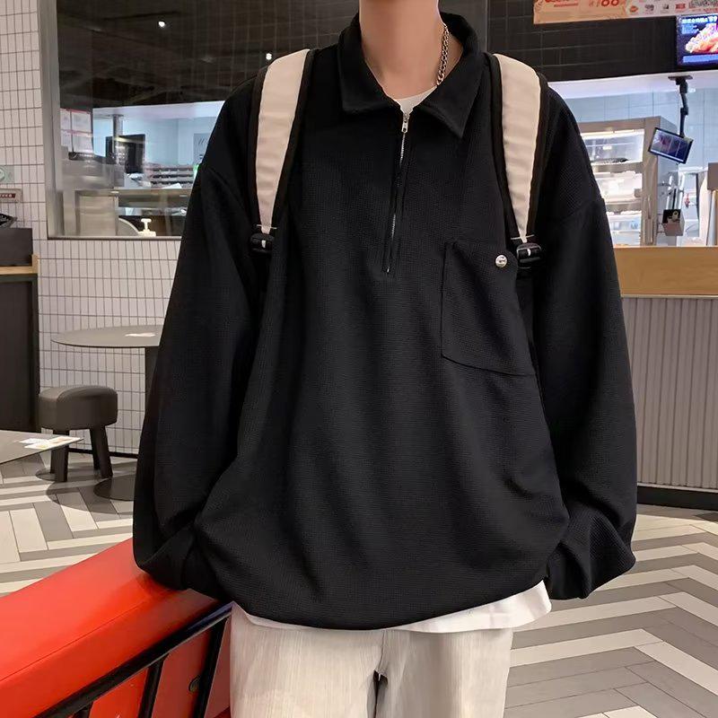 

Men s Spring Loose Fit Half-Zip Sweatshirt with Shirt Collar - Trendy, Long-Sleeve, Casual Jacket M чёрный