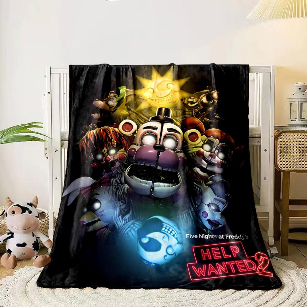 

A collage of eerie animatronic characters with glowing eyes and neon text. for all seasons blanket lunch break throw gift 80cm x 120cm