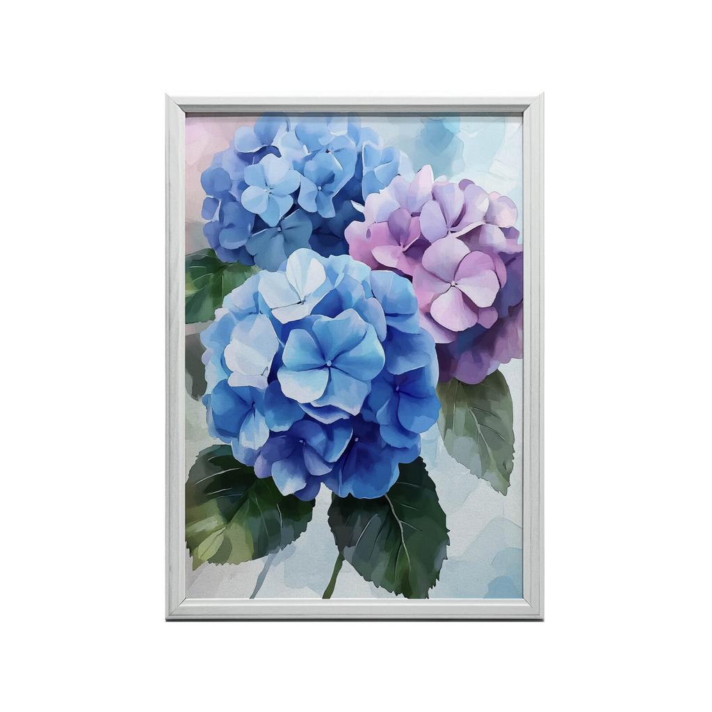 Hortensienblüten in Pastellfarben Hortensienblüten in Pastellfarben, 70X100 cm, Holzrahmen Dunkelbraun, Mattes Papier 230 g/m²