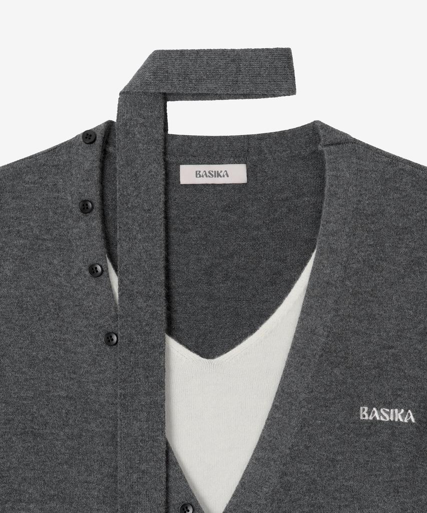 Basika Layered V-Neck Tie Cardigan (Gray)