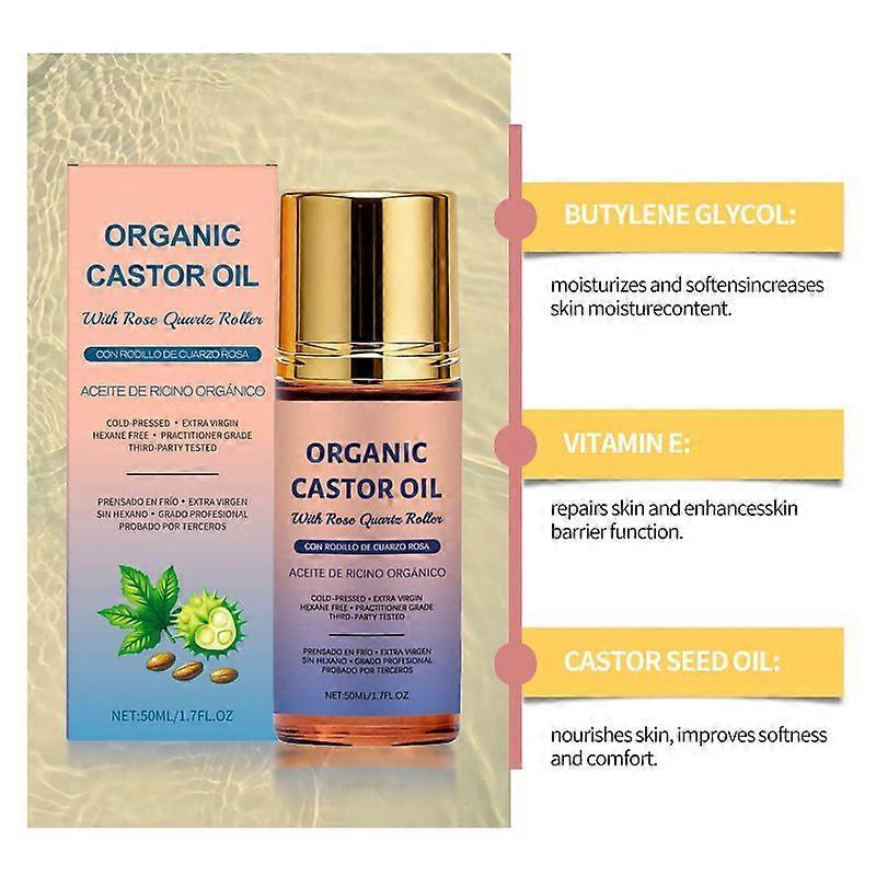1-3X Organic Golden Castor Oil Roll-On with Rose Quartz | 100% Pure for Skin, Brows & Lashes and Less Mess| Hexane-Free