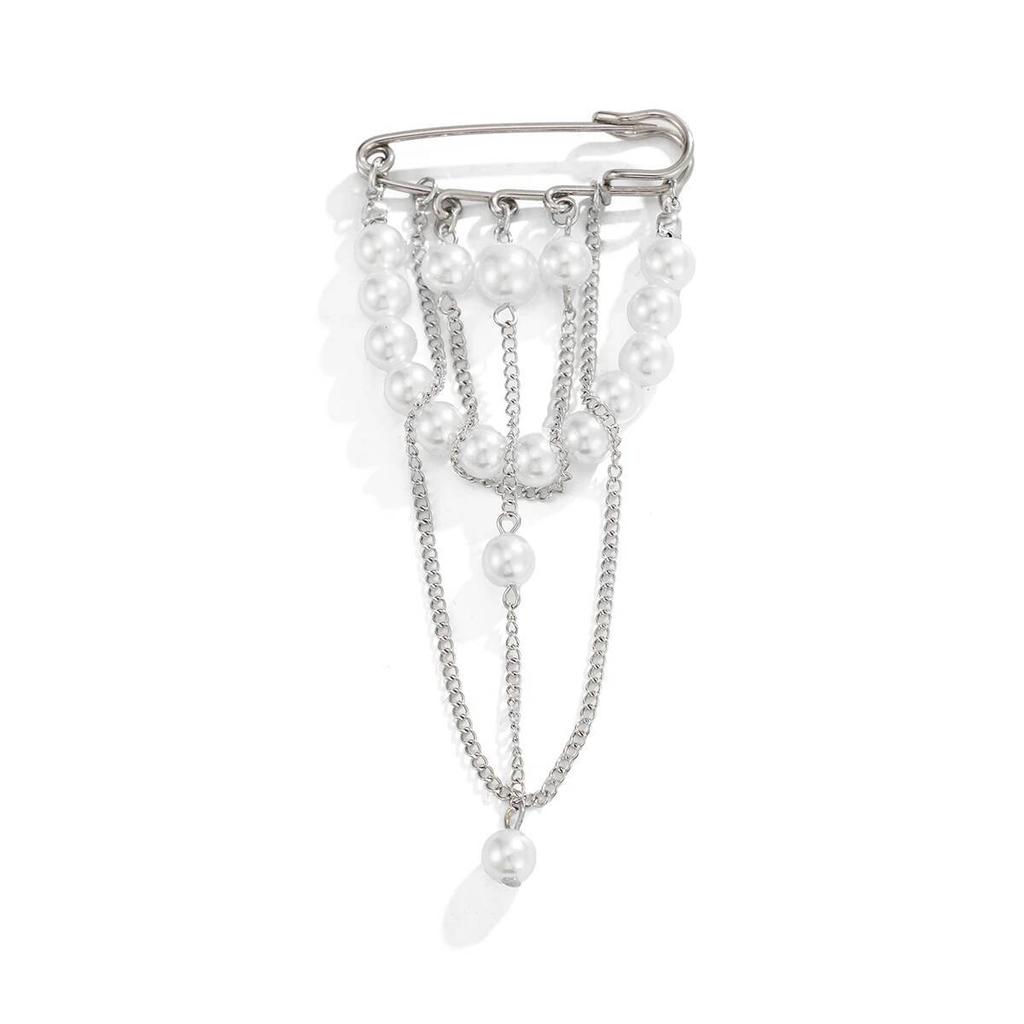 Salircon Trendy Exquisite Imitation Pearl Brooch Women Creative Metal Chain Tassel Brooches Shirt Collar Lapel Suit Pin Jewelry