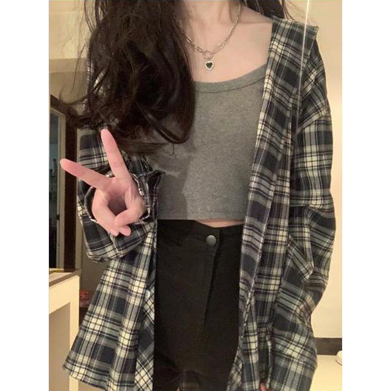 

Женская летняя свободная повседневная рубашка в полоску и клетку гингем для защиты от солнца Navy blue L Recommended 52.50 kg-57.50 kg