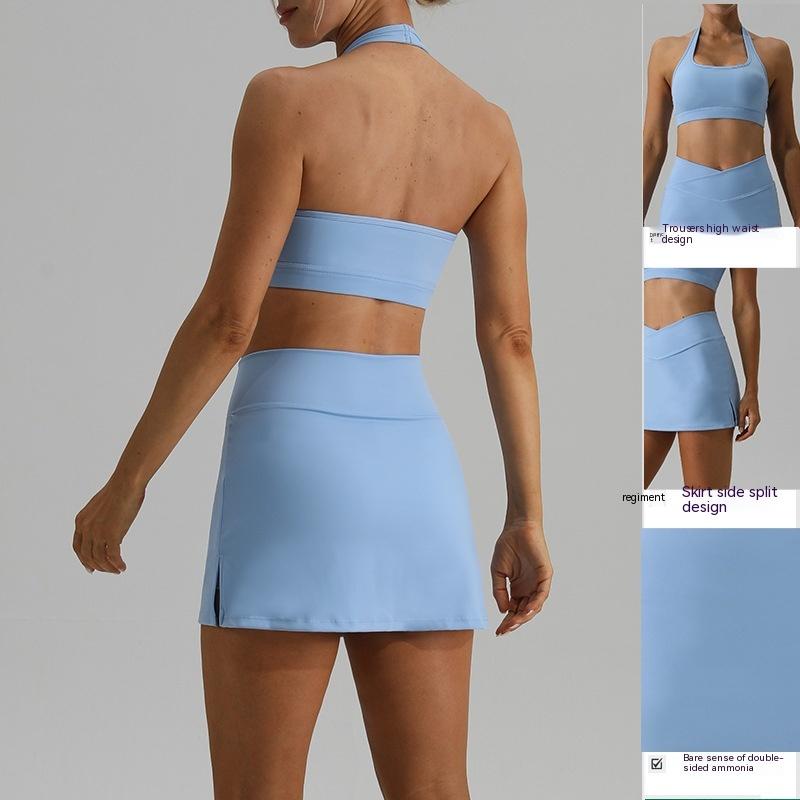 

Теннисный костюм телесного цвета для женщин, быстросохнущий комплект для бега, спорта, фитнеса, топ на бретельках с подвесным воротником