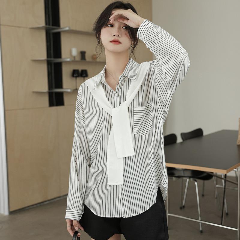 Spring Shawl Striped Shirt Women Long Sleeve Loose Design Blouse Niche Tops