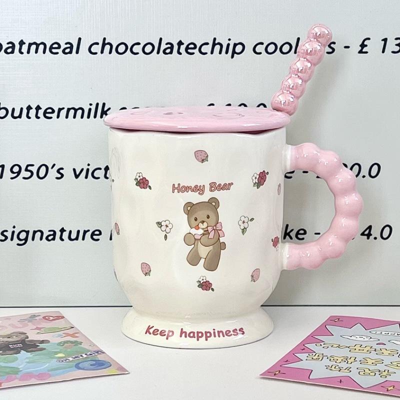 High Looking Cute Little Bear Goblet Cartoon Ceramic Mug with Lid Spoon Girl Coffee Cup Birthday Gift