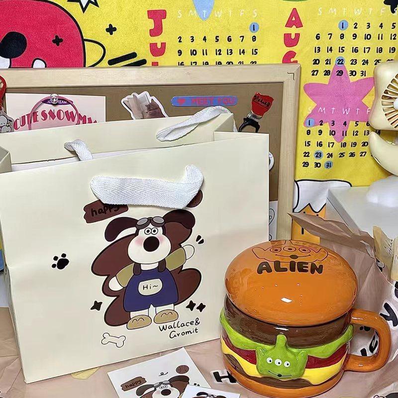 Cartoon Water Cup Cute Three-eyed Burger Mug Funny Underglaze Creative Ceramic Cup with Lid