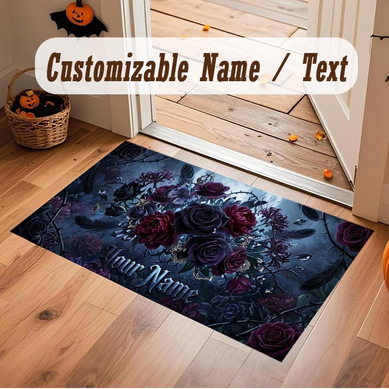 Floral Garden Theme Soft Crystal Velvet Rug Custom Name & Text Print Non Slip Floor Rug for Bedroom Living Room