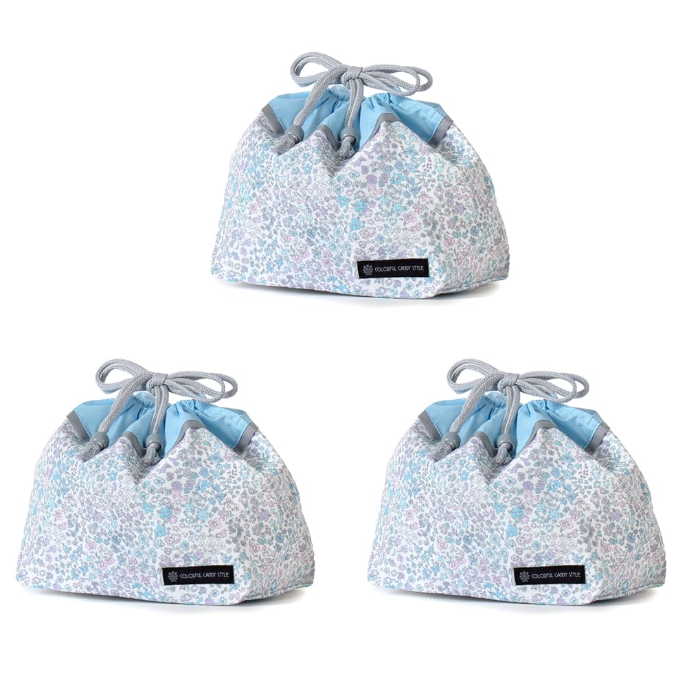 

COLORFUL CANDY STYLE Drawstring Lunch Bags, Medium, Gusseted (with Name Tag), Water-Repellent, No-Iron, Floral Oasis, Set of 3, Cute for Girls, Kids,