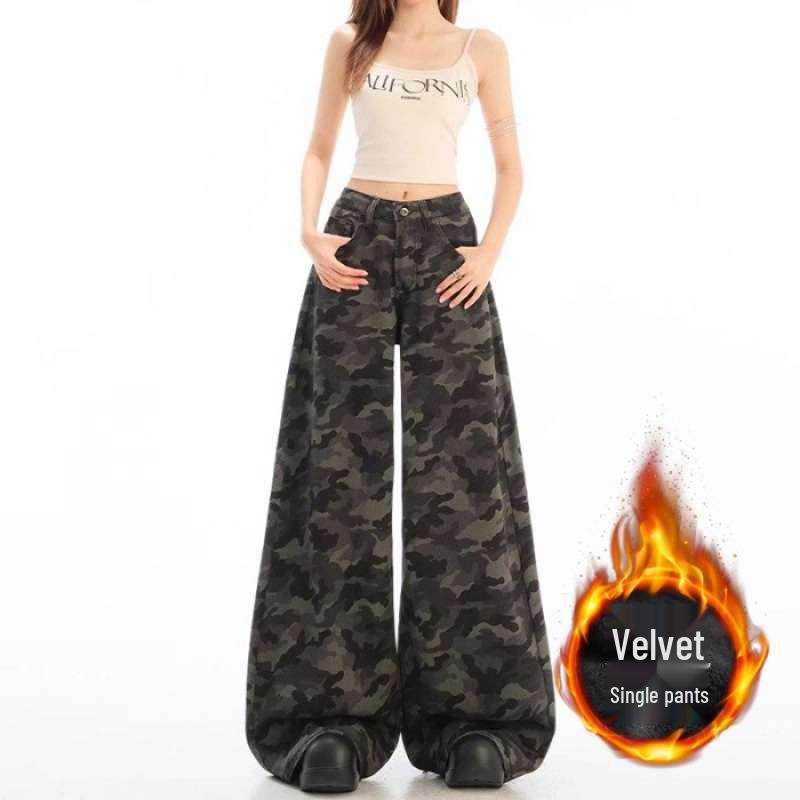 Unisex Camouflage Wide-Leg Jeans with Velvet-Lined Drape for Women M