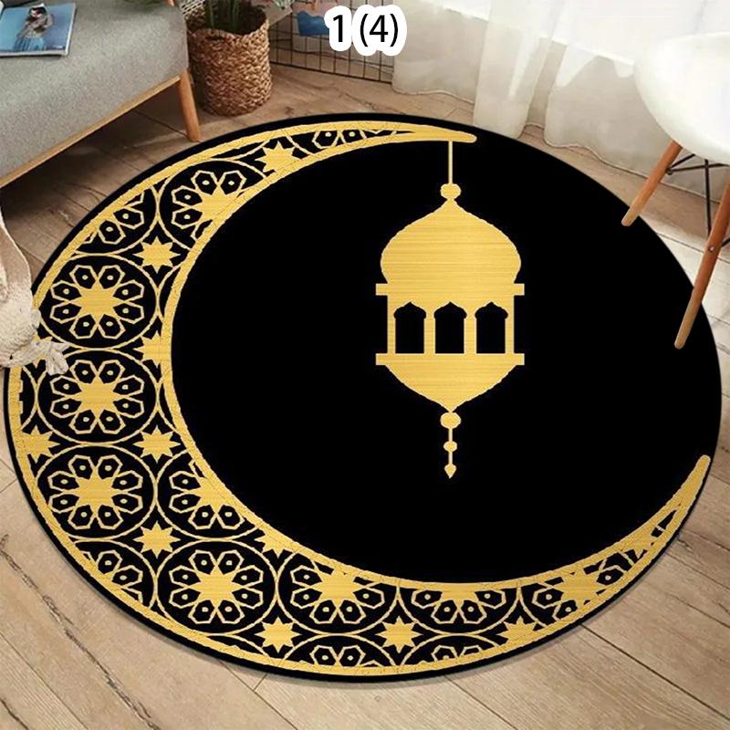 Luxury Islamic Round Area Rug with Golden Mosque Lantern Moon Star Print Decorative Floor Carpet for Ramadan Home Decor