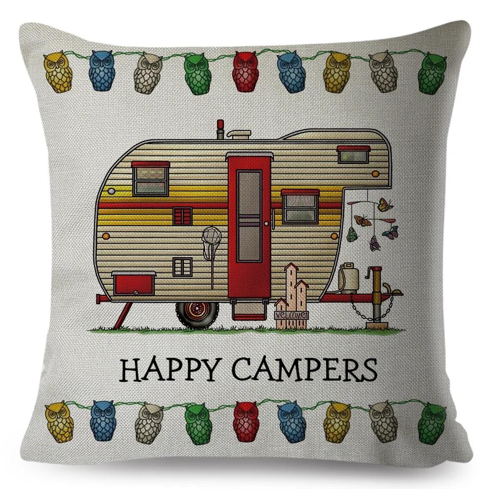 Happy Camper Pillowcase Decor Cartoon Travel Car Printed Pillow Case for Home Sofa Children Room Polyester Cushion Cover 45x45cm
