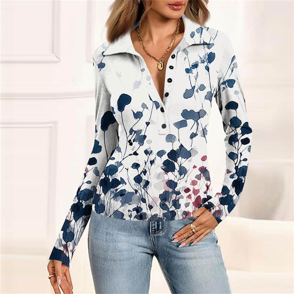 Women's Fashion Casual Printed V-Neck Long Sleeve Button-Down Top