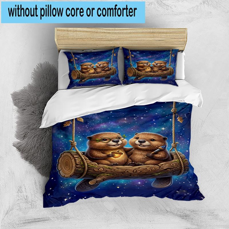 Starry Groundhog Illustration 3pcs Bedding,Including 1pc Duvet Cover And 2pcs Pillowcases Perfect for Christmas,Ideal for Bedroom, Dormitory