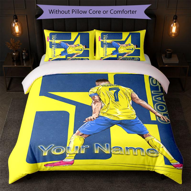 Set Biancheria da Letto Personalizzato Cristiano Ronaldo con Nome Testo 1 Copripiumino+2 Federe Logo Calcio Regalo Personalizzato per Occasione Speciale Arredamento Camera da Letto
