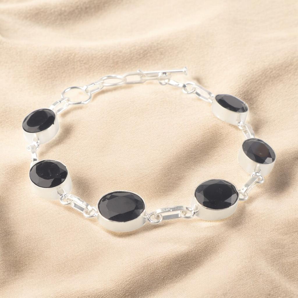 Handgefertigtes Schwarzer Onyx Edelstein 925 Sterling Silber Geburtsstein Armband Schmuck RB-5-20