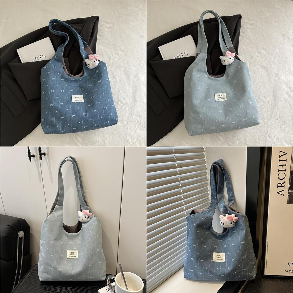 Korean Style Denim Tote Purse With Embroidered Stitching Small Capacity For Commuting