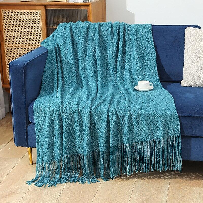 130X180CM Retro Diamond Plaid Wool Tassel Hem Blanket Solid Color Knitted Sofa Home Office Rest Cover Blankets Soft Comfortable