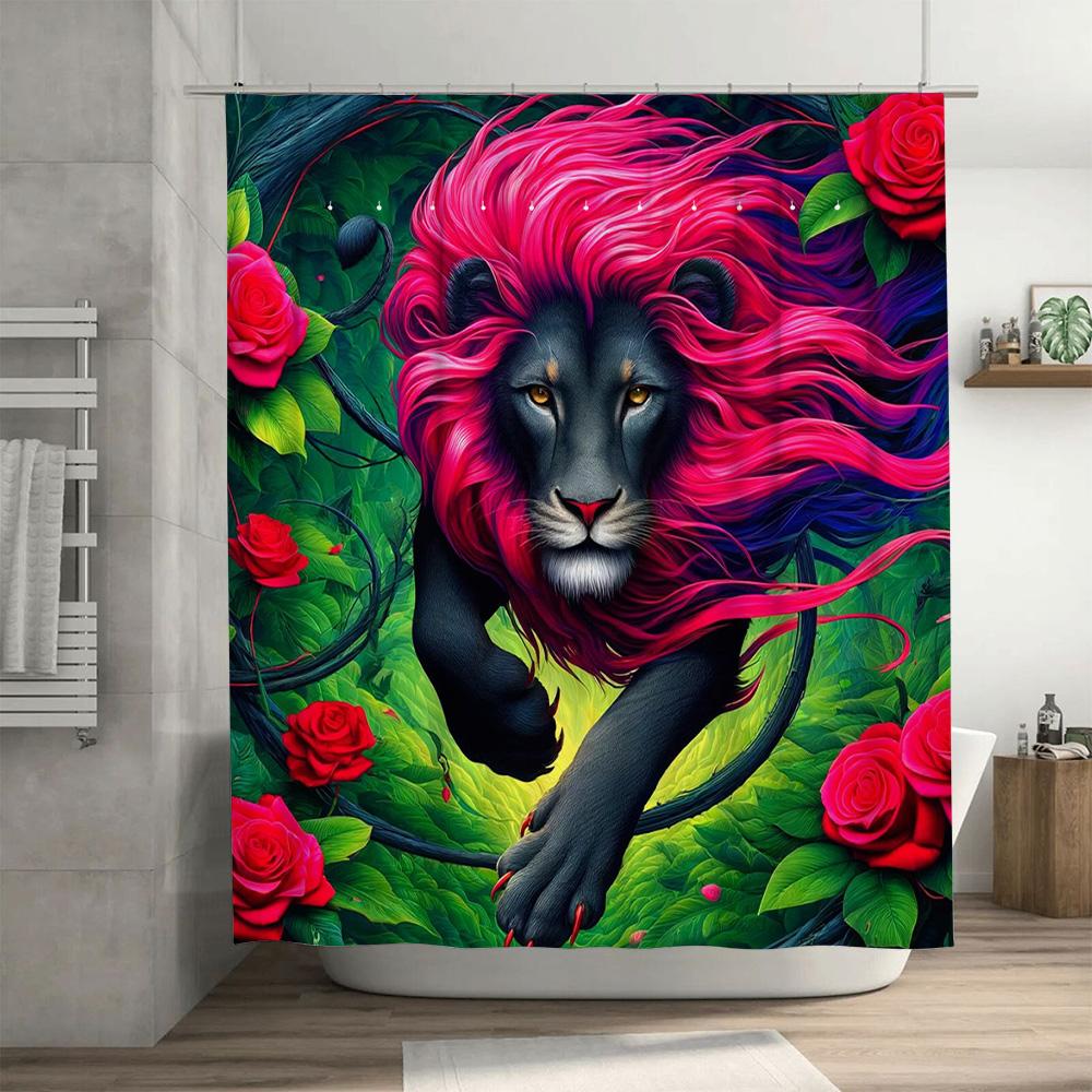Enchanting Lion Shower Curtain Multicolor Fantasy Art Decorative Bath Mat Cover for Bathroom Accessories in Kitchen Dining