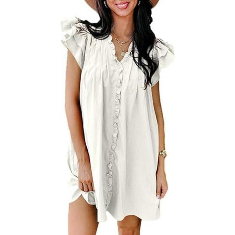 Fashion V-neck Ruffled Short-sleeved Dress Summer Solid Color Loose Shift Dress