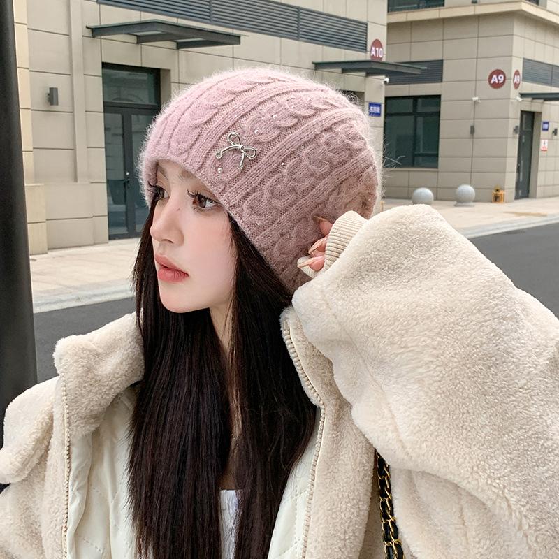 Knitted Hat Women's Autumn and Winter Elegant Stacking Wool Hat Cute Butterfly Ear Protector Headhat