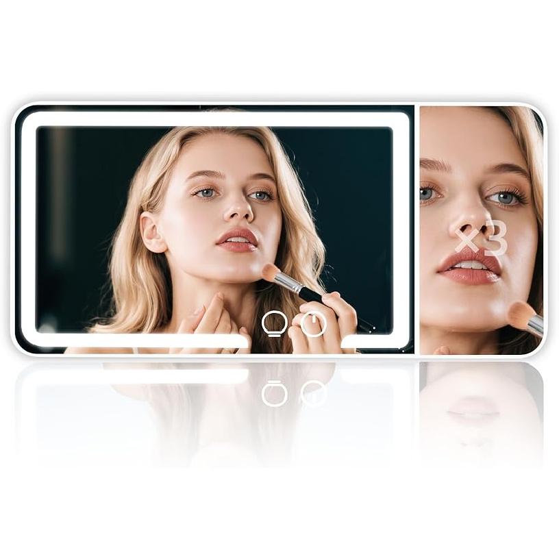 Car Sun Visor Makeup Mirror, Equipped With 3X Magnifying Glass And Three-Color Adjustable Brightness Soft Light Mirror, Rechargeable, Suitable For