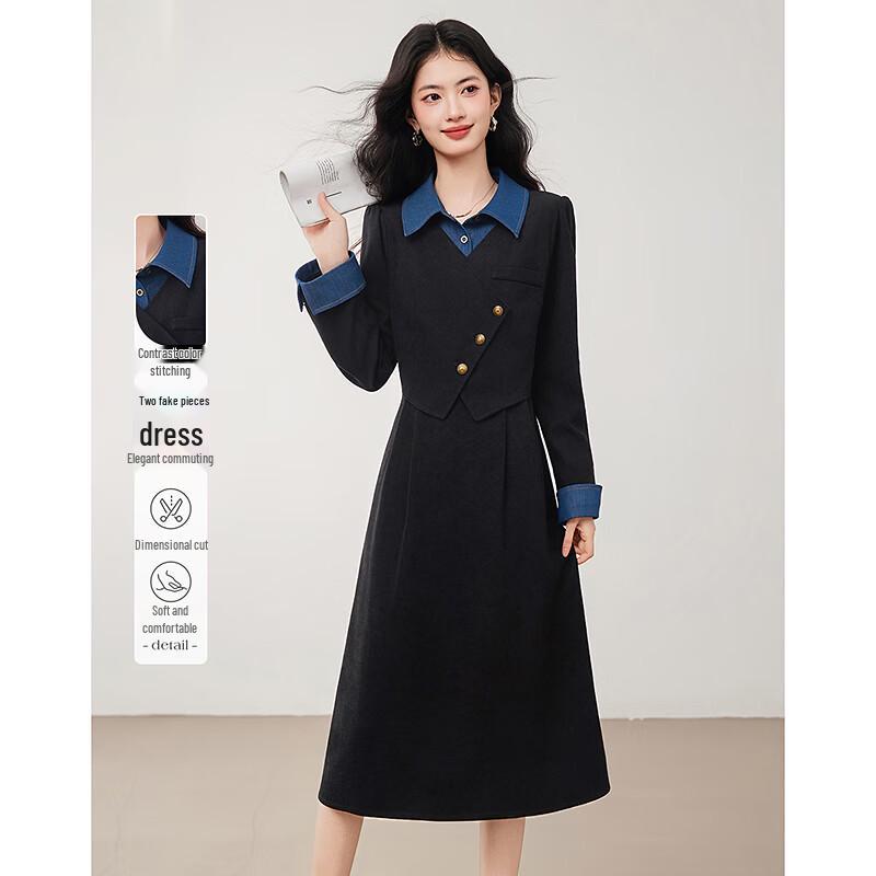 

Elegant Fake Two-Piece Long-Sleeve Midi Dress M