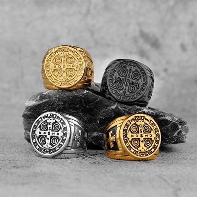 Vintage Christian St. Benedict Cspb Cross Ring for Men Punk Hip Hop Stainless Steel Jesus Ring Jewelry Creative Gift Wholesale